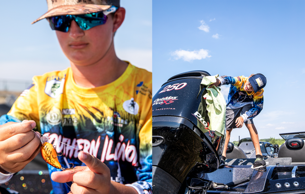 Landon Gabby ties on crankbait, Bruner polishes engine