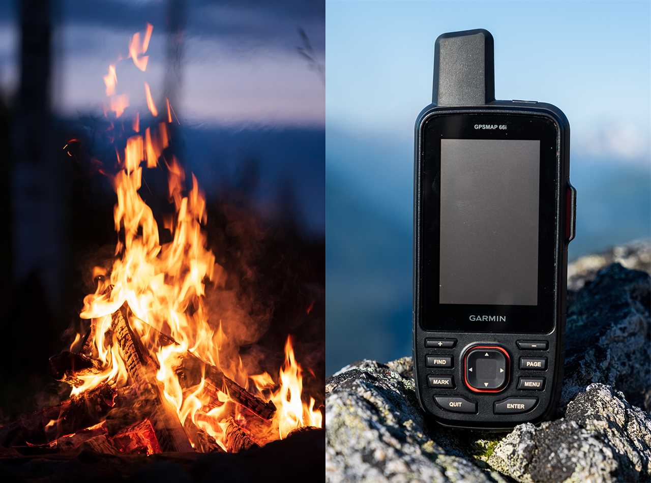 Campfire at night, Garmin inReach device