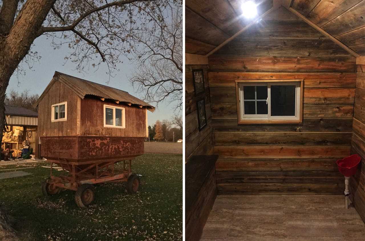 A redneck hunting blind built on top of a rusty gravity wagon.