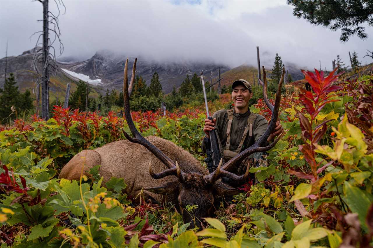 elk hunter poses with 6x6 bull in british columbia