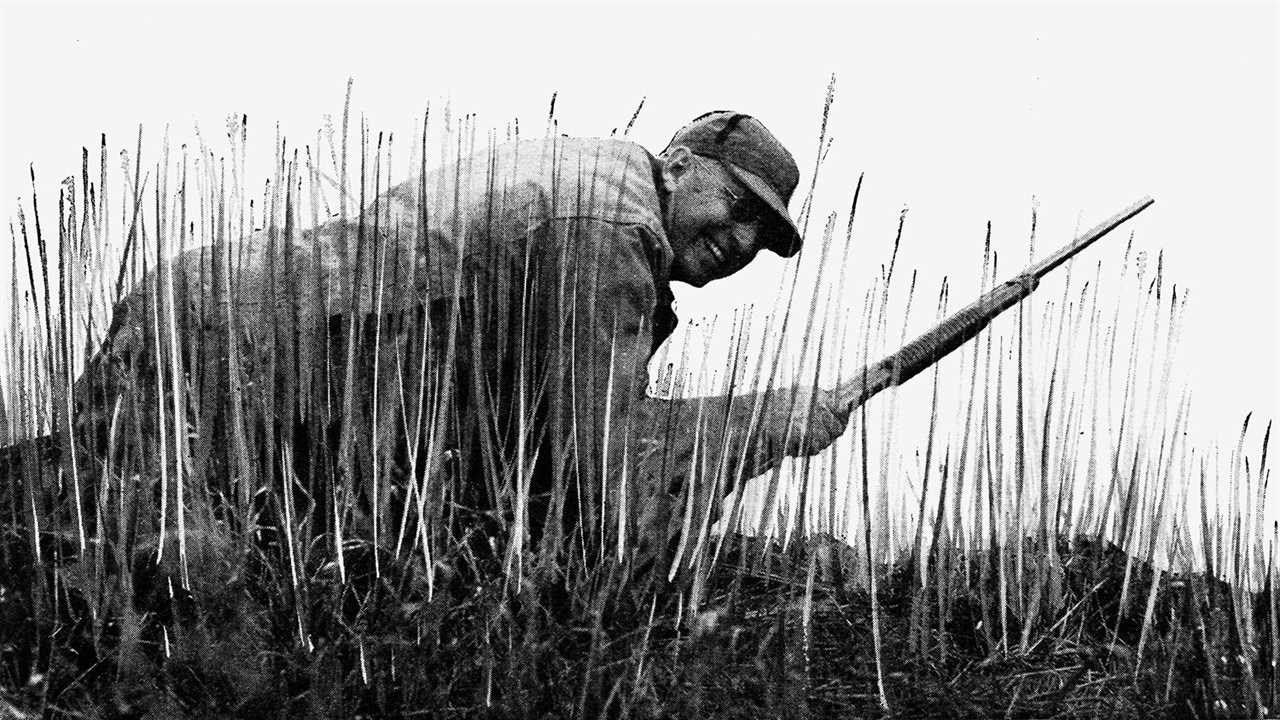 duck hunter crawls through high grass