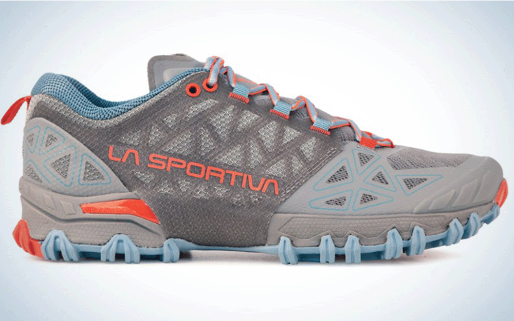 A grey trail running shoe