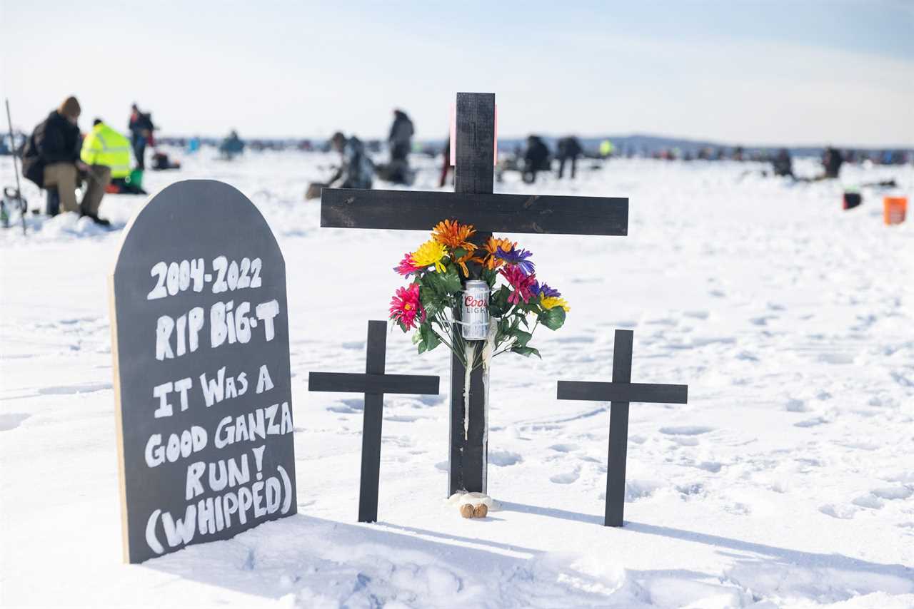 A fake memorial on the ice with a Coor's light tied to some flowers.