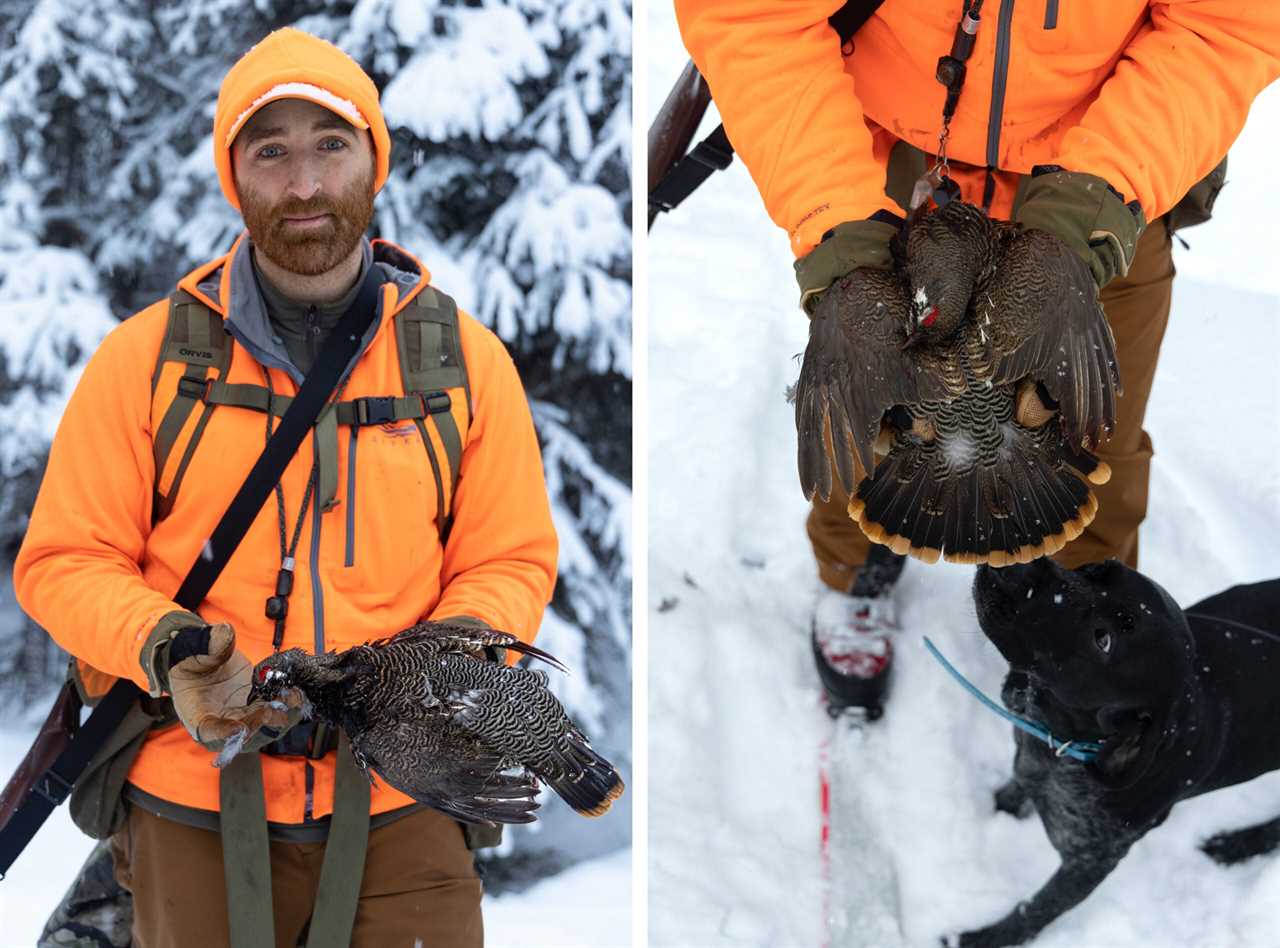 A ski-hunter holds a spruce grouse.