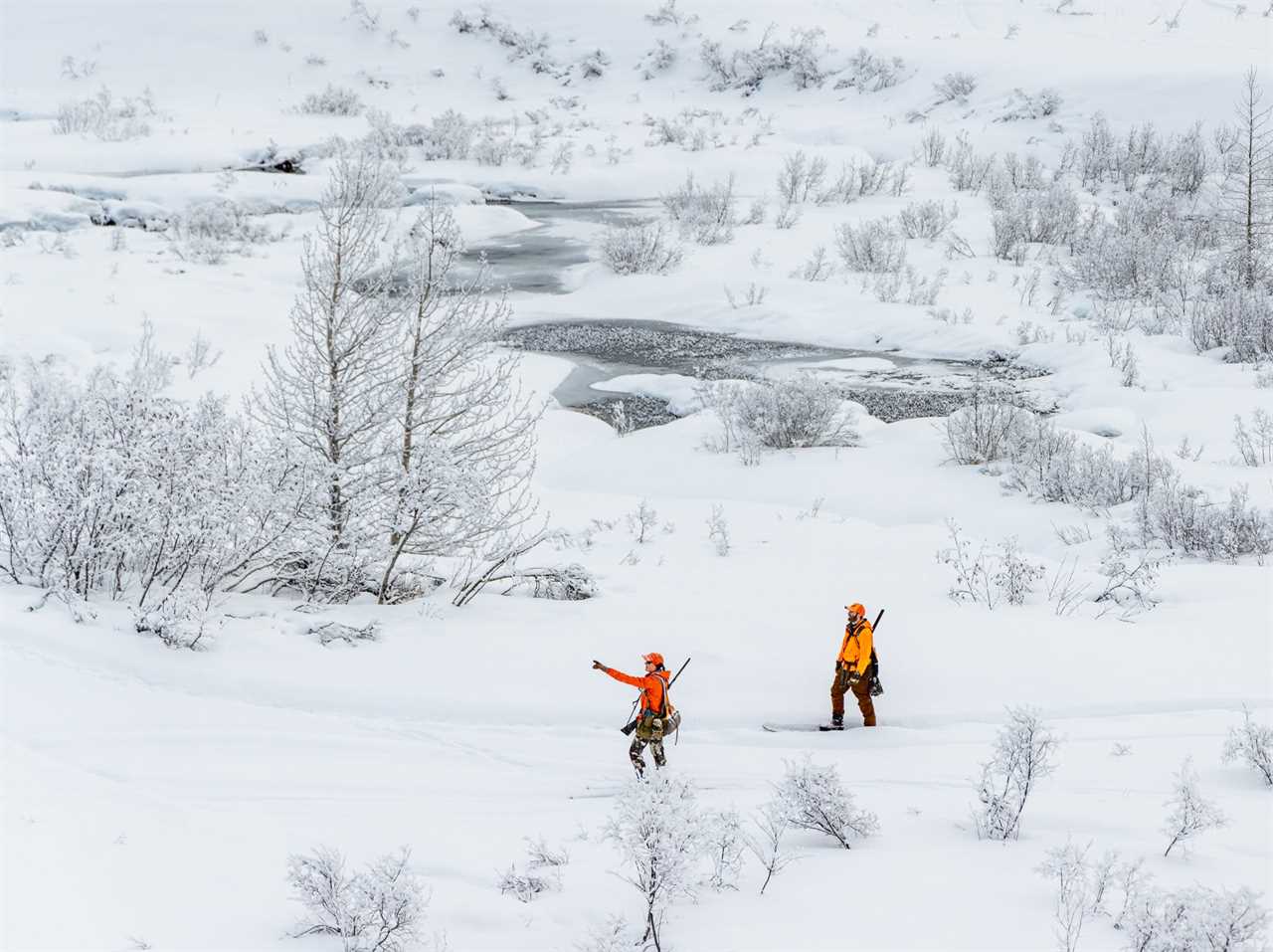 Two ski-hunters in a snowy landscape.