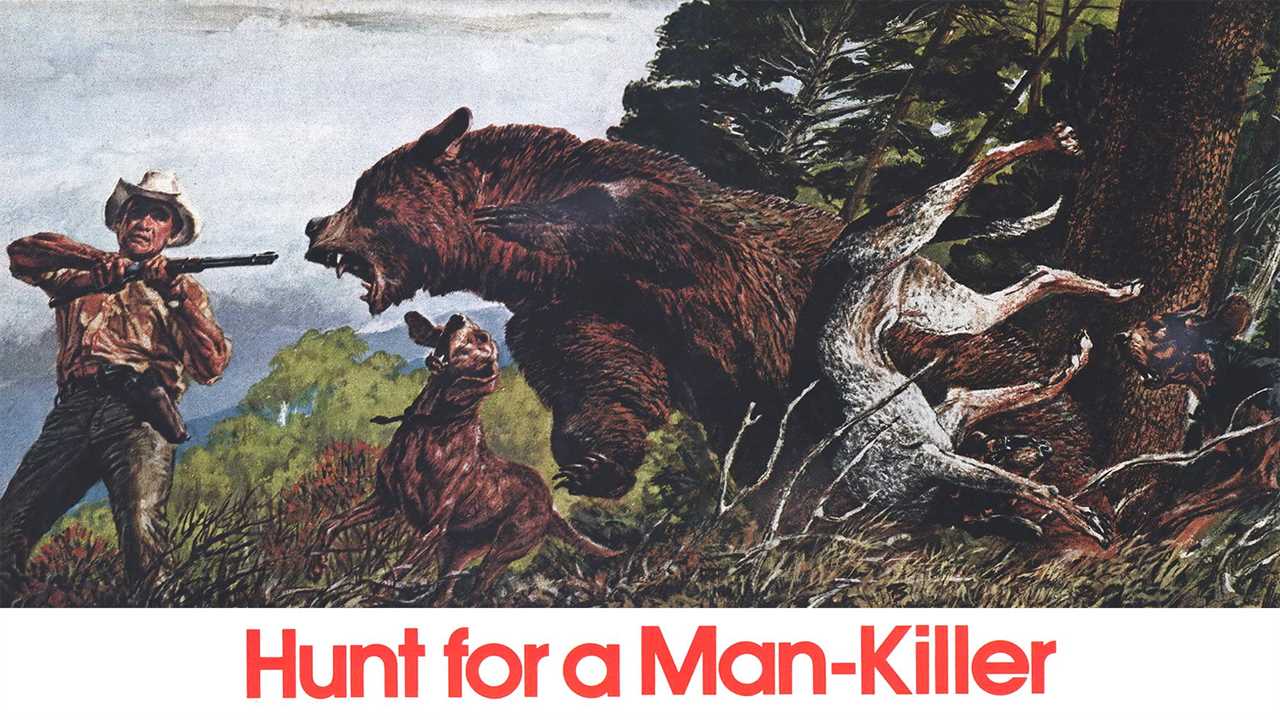 old magazine illustration (hunter shooting charging bear) and title