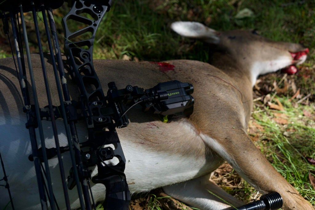 A bow with a Garmin Xero attached on top of a deer a hunter hit