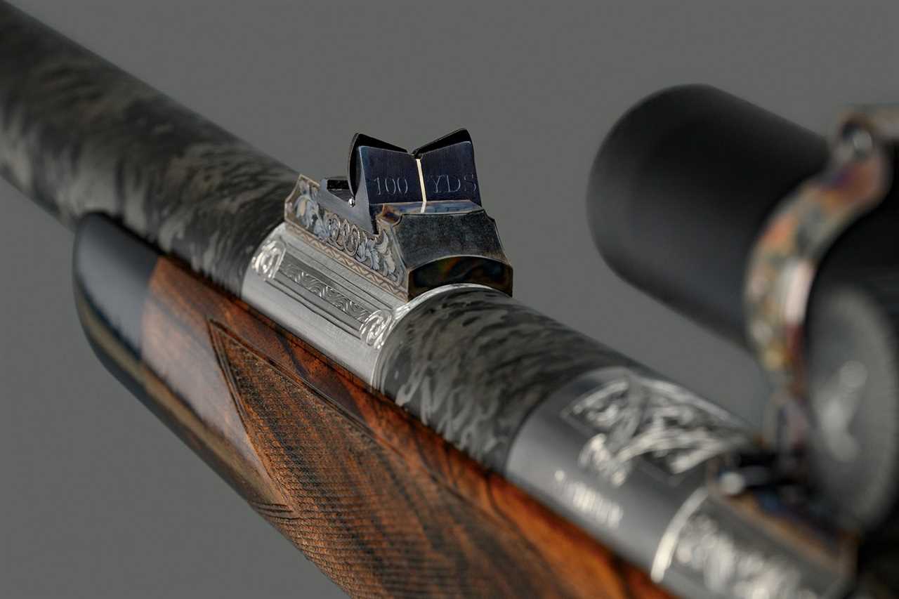 The rear sight on a Griffin and Howe Highlander rifle