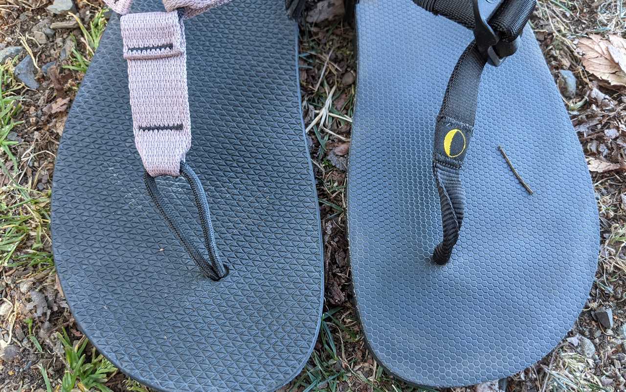 While the nylon webbing of the Luna Middle Bear Sandals (right) was more comfortable to my skin than the Bedrock Cairn Adventure Sandals (left), the section that connected to the footbed became twisted after a week or so of use.