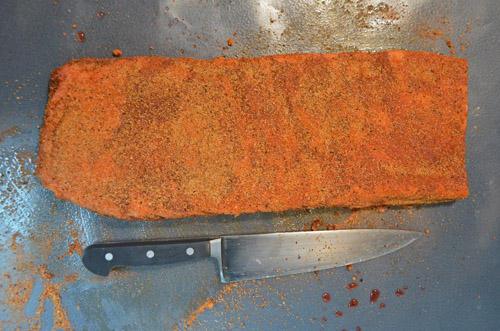 Seasoned and trimmed ribs waiting to go into the smoker.