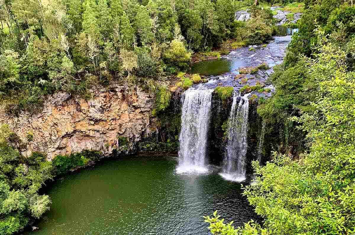 Dangar Falls (near Dorrigo, NSW) - a waterfall flowing over a basalt platform into a large pool, surrounded by rainforest