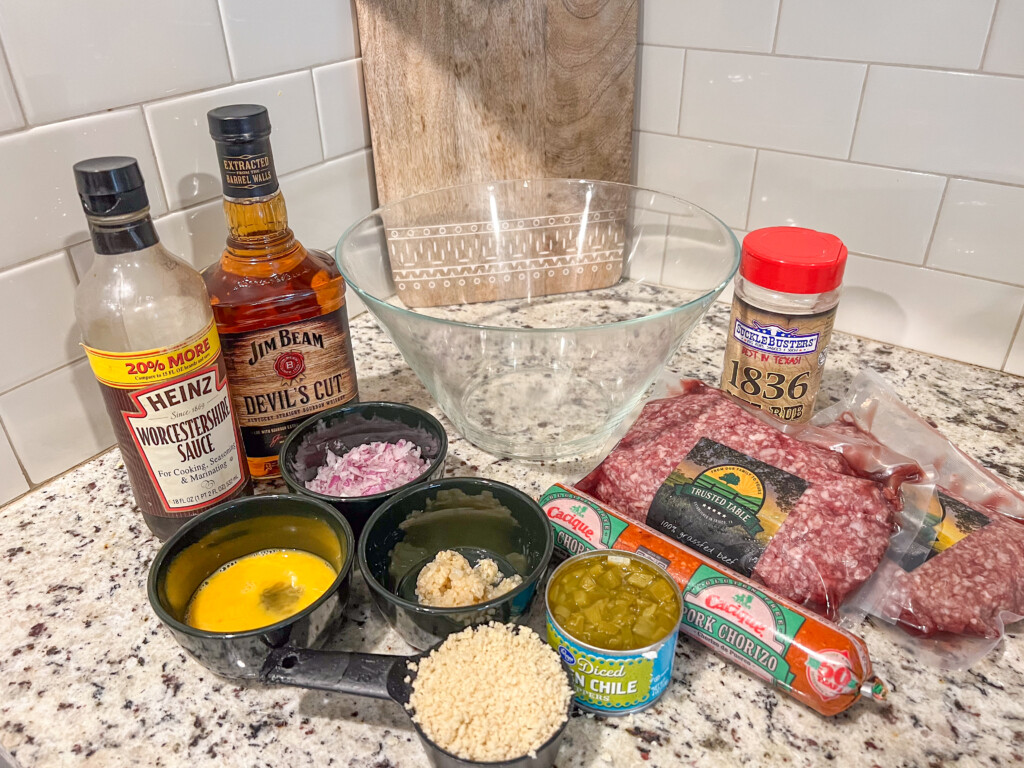 ingredients for meatloaf on a marble benchtop