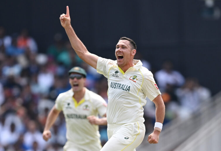 Scott Boland celebrates the wicket of Ravindra Jadeja.