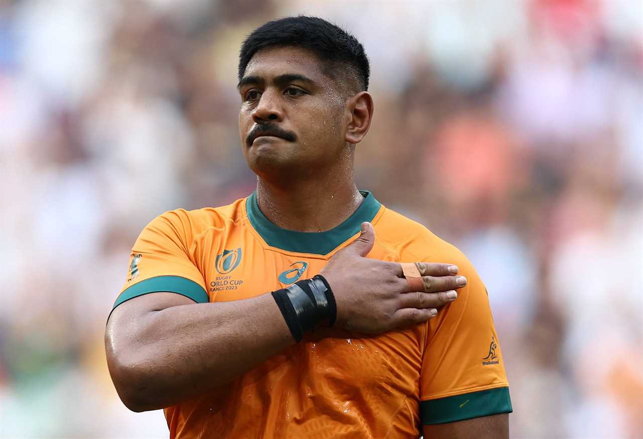 Will Skelton of Australia takes part in reciting the Australian national anthem prior to the Rugby World Cup France 2023 match between Australia and Georgia at Stade de France on September 09, 2023 in Paris, France. (Photo by Chris Hyde/Getty Images)