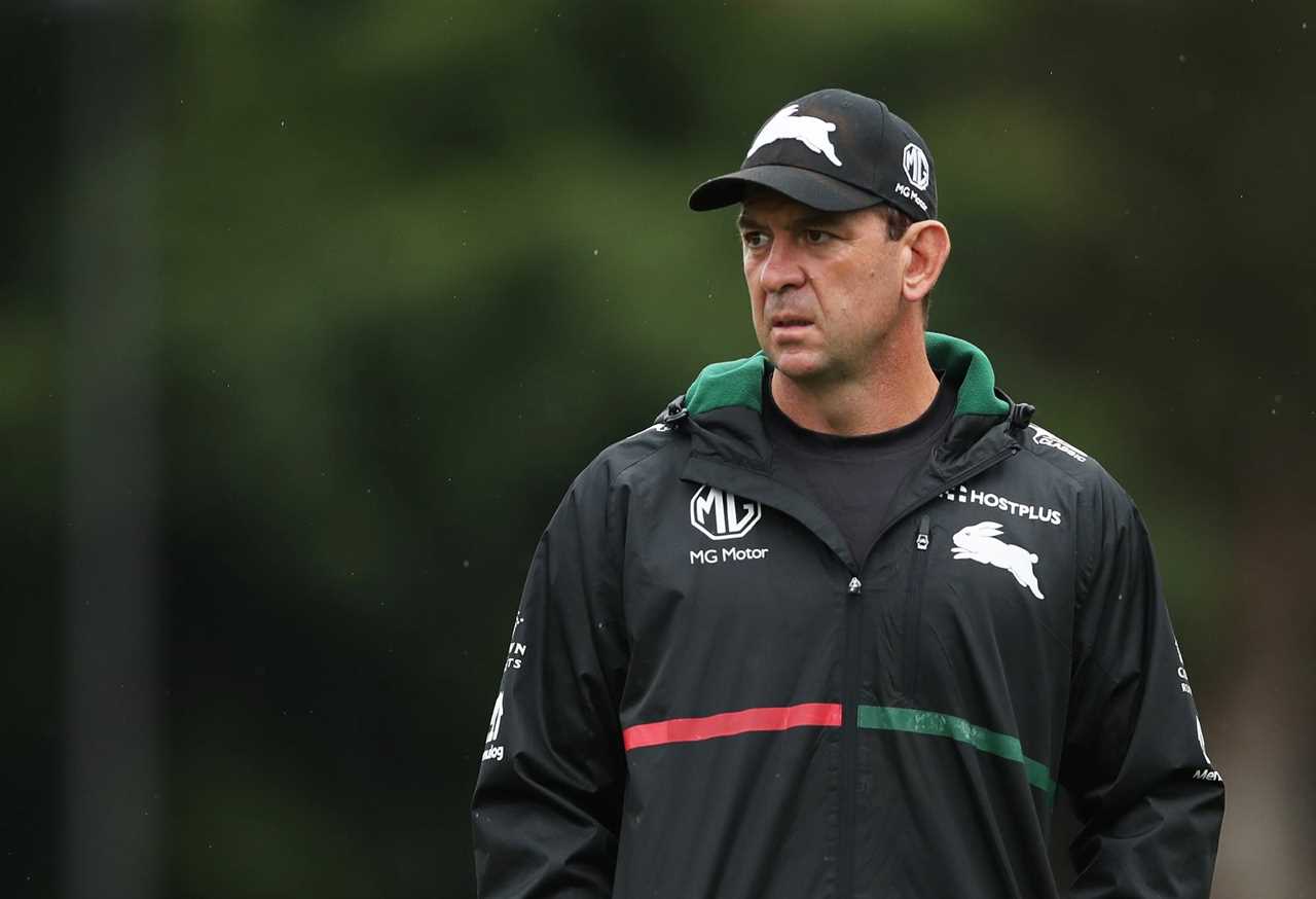 SYDNEY, AUSTRALIA - MARCH 08: Rabbitohs head coach Jason Demetriou looks on during a South Sydney Rabbitohs NRL Training Session at Redfern Oval on March 08, 2022 in Sydney, Australia. (Photo by Matt King/Getty Images)