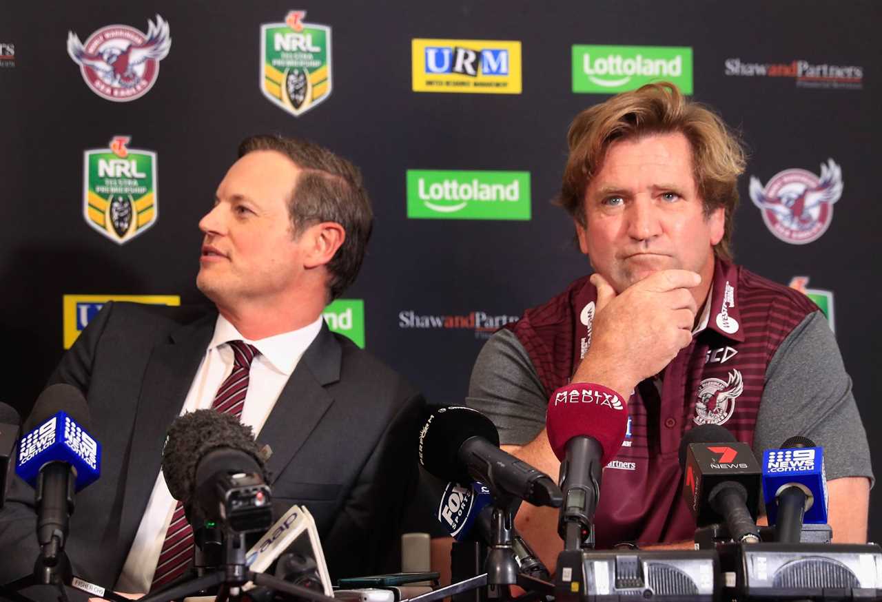 SYDNEY, AUSTRALIA - OCTOBER 22: Chairman Scott Penn and new Manly Coach Des Hasler at a Manly Sea Eagles NRL press conference at Sydney Academy of Sport, Narrabeen on October 22, 2018 in Sydney, Australia. (Photo by Mark Evans/Getty Images)