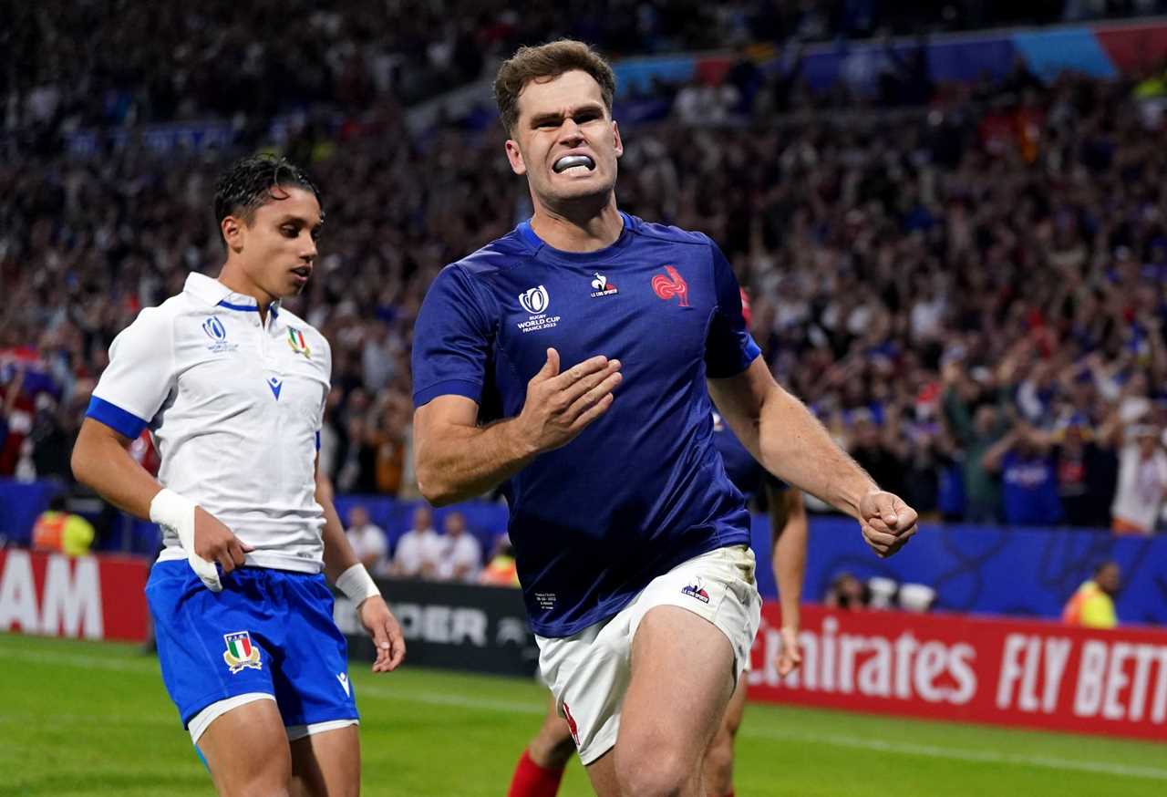 France's Damian Penaud celebrates scoring the opening try during the Rugby World Cup 2023, Pool A match at OL Stadium in Lyon, France. Picture date: Friday October 6, 2023. (Photo by Adam Davy/PA Images via Getty Images)