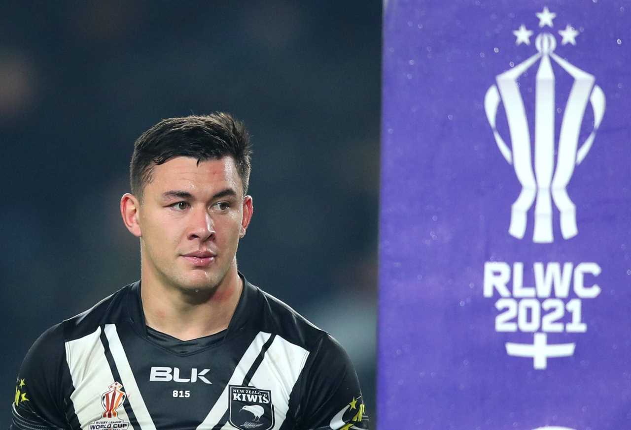 HULL, ENGLAND - NOVEMBER 05: Joseph Manu of New Zealand looks on during Rugby League World Cup Quarter Final match between New Zealand and Fiji at MKM Stadium on November 05, 2022 in Hull, England. (Photo by Ashley Allen/Getty Images)