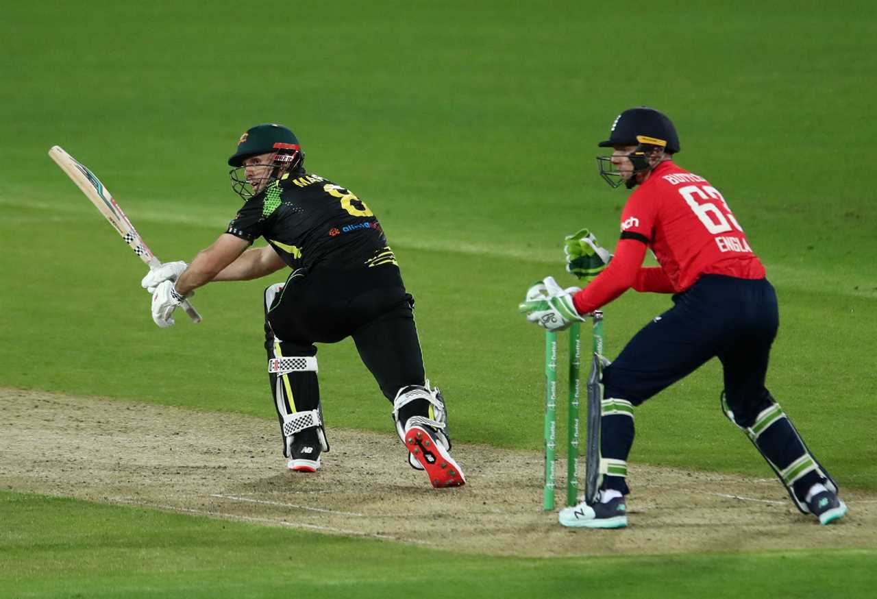 CANBERRA, AUSTRALIA - OCTOBER 12: Mitchell Marsh of Australia bats during game two of the T20 International series between Australia and England at Manuka Oval on October 12, 2022 in Canberra, Australia. (Photo by Jason McCawley - CA/Cricket Australia via Getty Images)