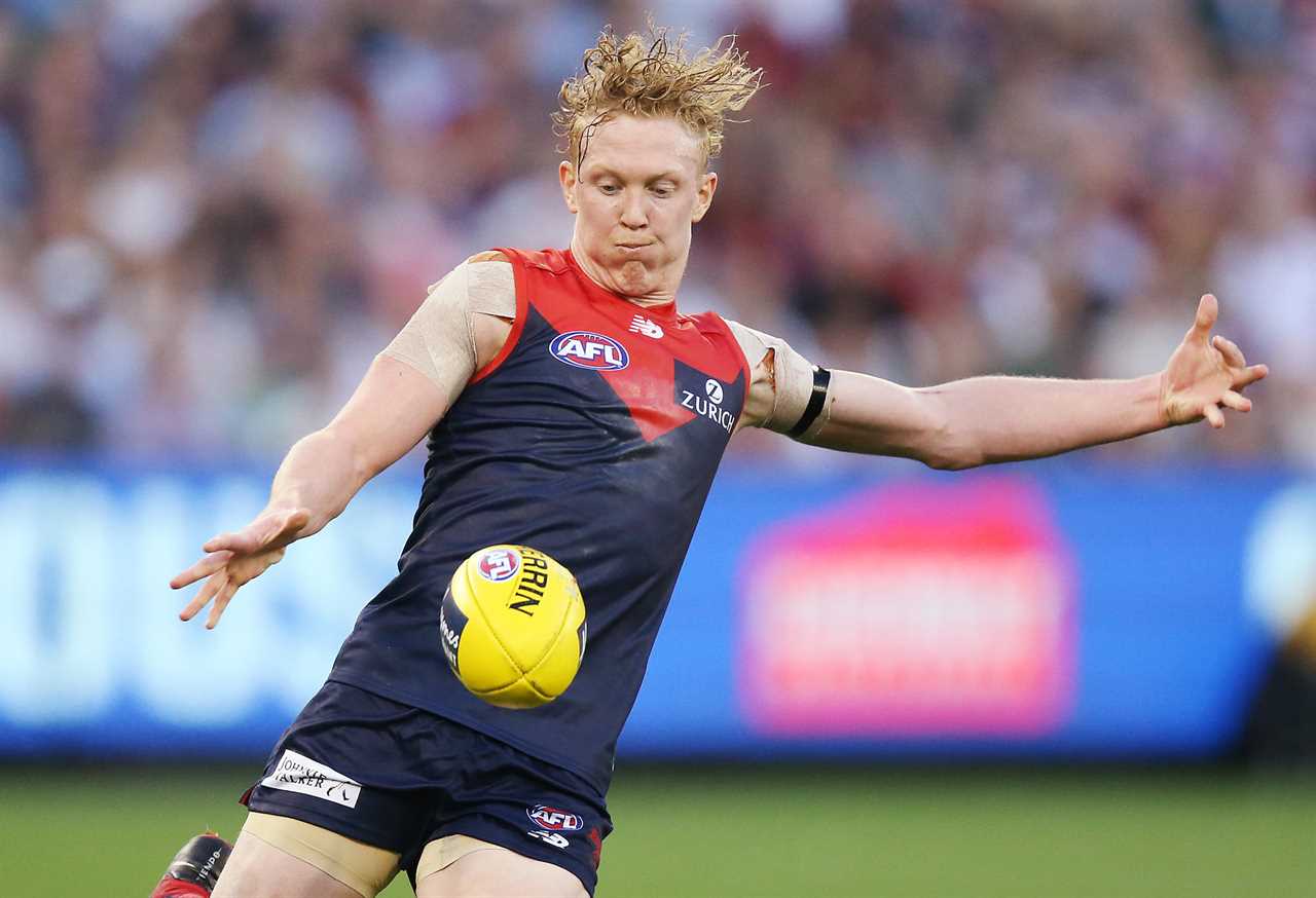 Clayton Oliver of the Demons kicks the ball