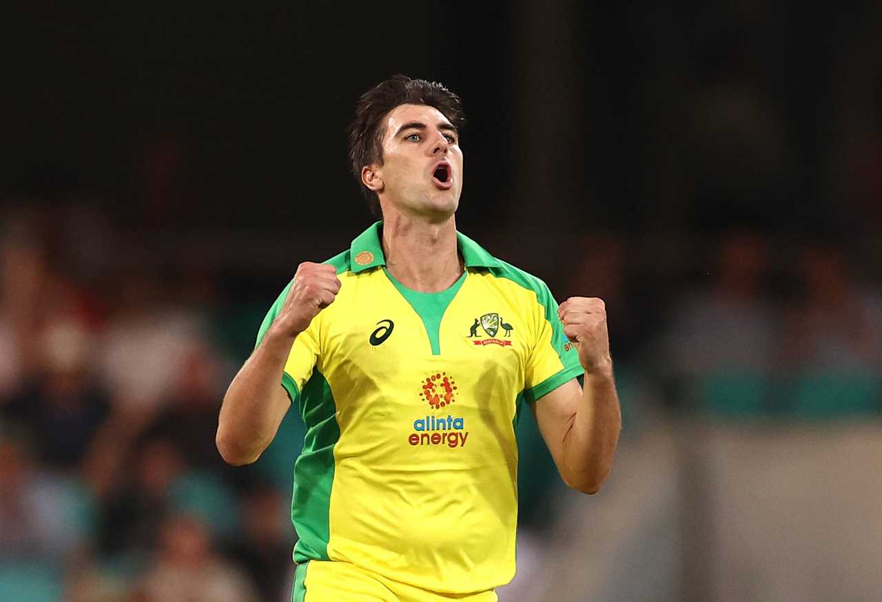SYDNEY, AUSTRALIA - NOVEMBER 29: Pat Cummins of Australia celebrates after taking the wicket of Mayank Agarwal of India during game two of the One Day International series between Australia and India at Sydney Cricket Ground on November 29, 2020 in Sydney, Australia. (Photo by Ryan Pierse/Getty Images)