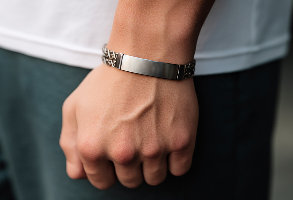 id bracelet on man's wrist