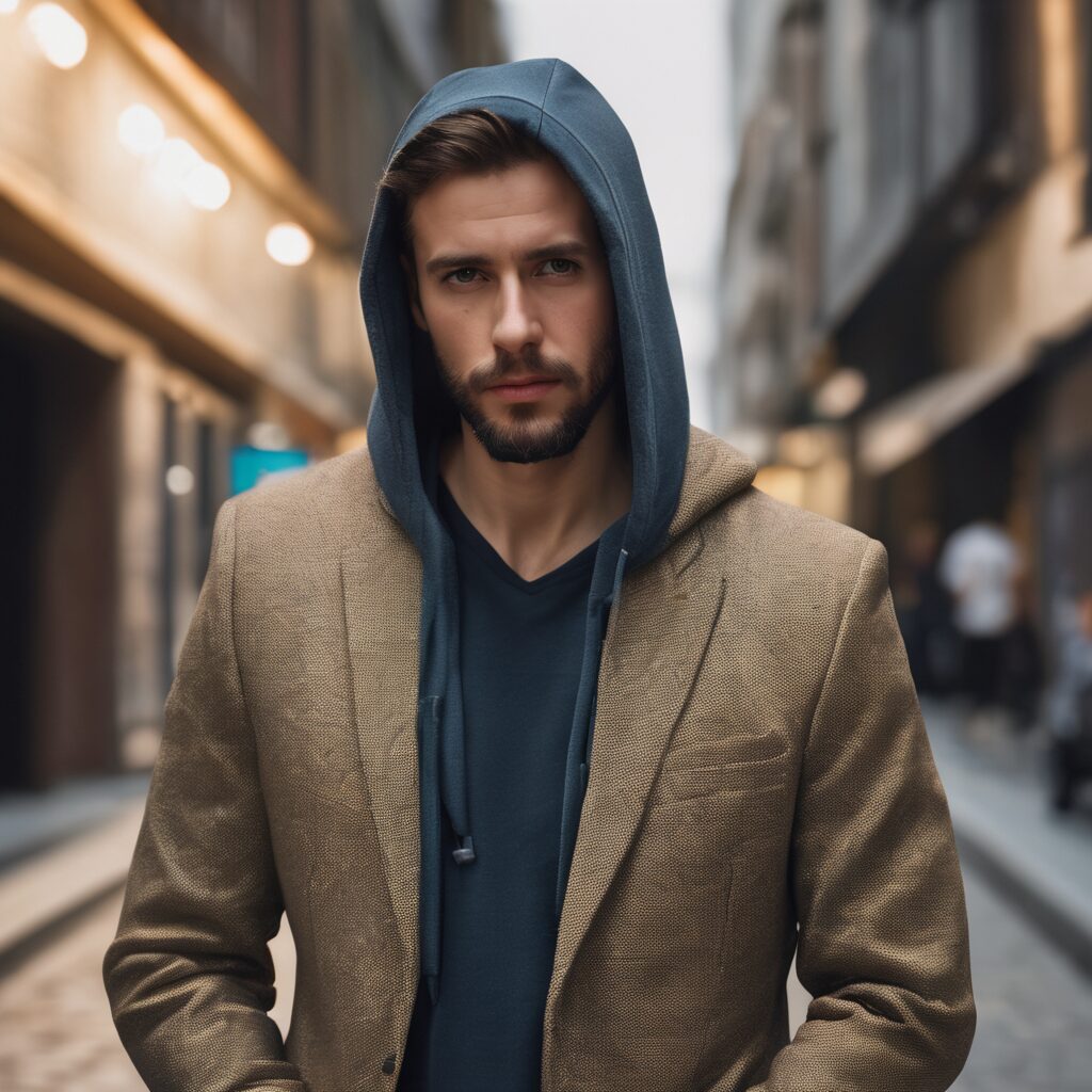 man wearing a blazer over a hoodie