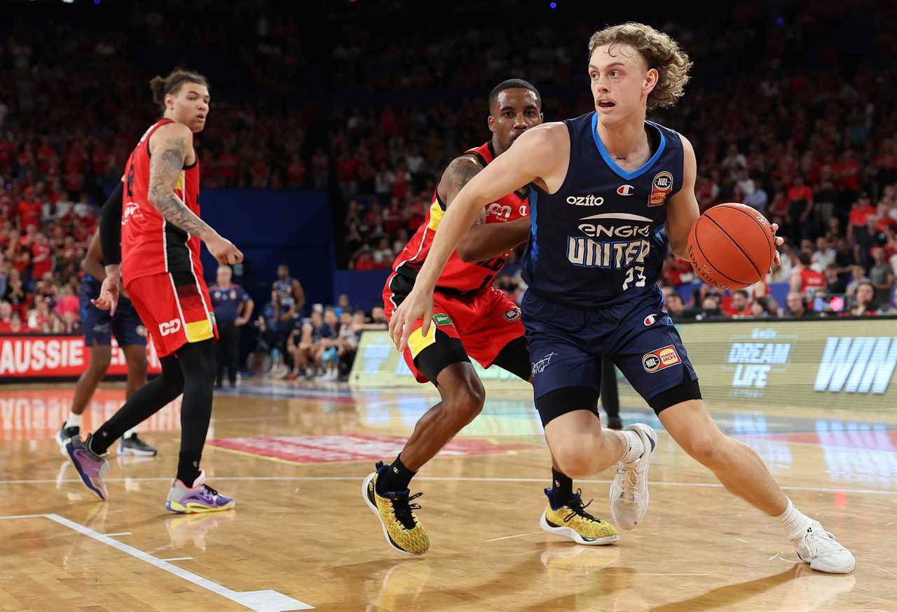 PERTH, AUSTRALIA - OCTOBER 13: Luke Travers of Melbourne United drives to the key during the round three NBL match between Perth Wildcats and Melbourne United at RAC Arena, on October 13, 2023, in Perth, Australia. (Photo by Paul Kane/Getty Images)