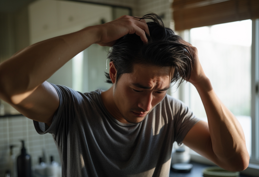 man examining his hair