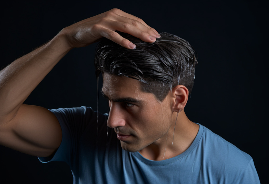 man prepping his hair for home haircut