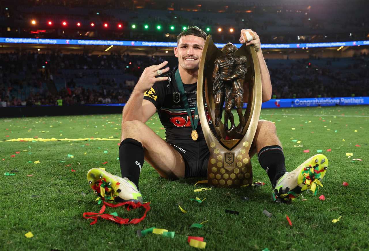 SYDNEY, AUSTRALIA - OCTOBER 01: Nathan Cleary of the Panthers poses with the Provan-Summons Trophy after winning the 2023 NRL Grand Final match between Penrith Panthers and Brisbane Broncos at Accor Stadium on October 01, 2023 in Sydney, Australia. (Photo by Matt King/Getty Images)