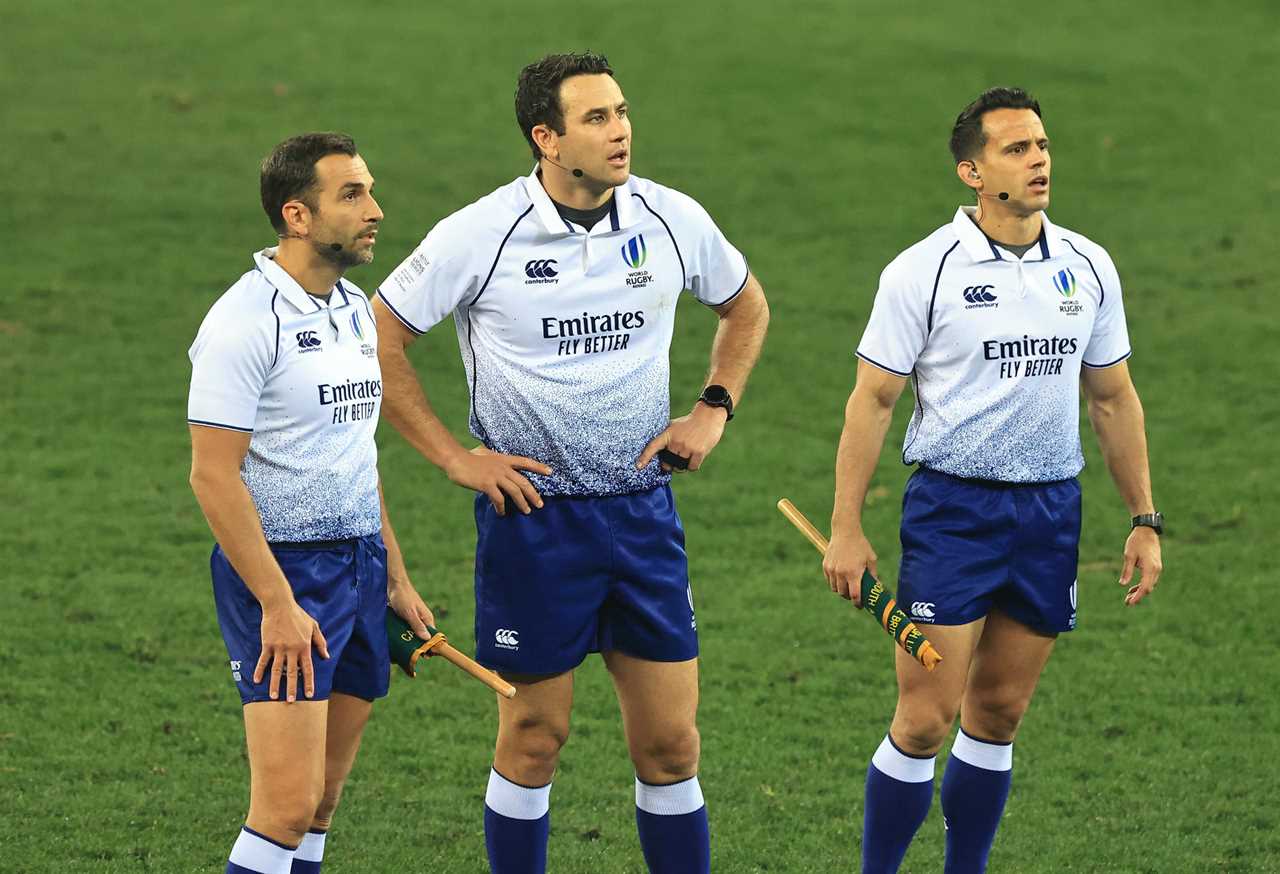 Referee Ben O'Keeffe (C) looks on