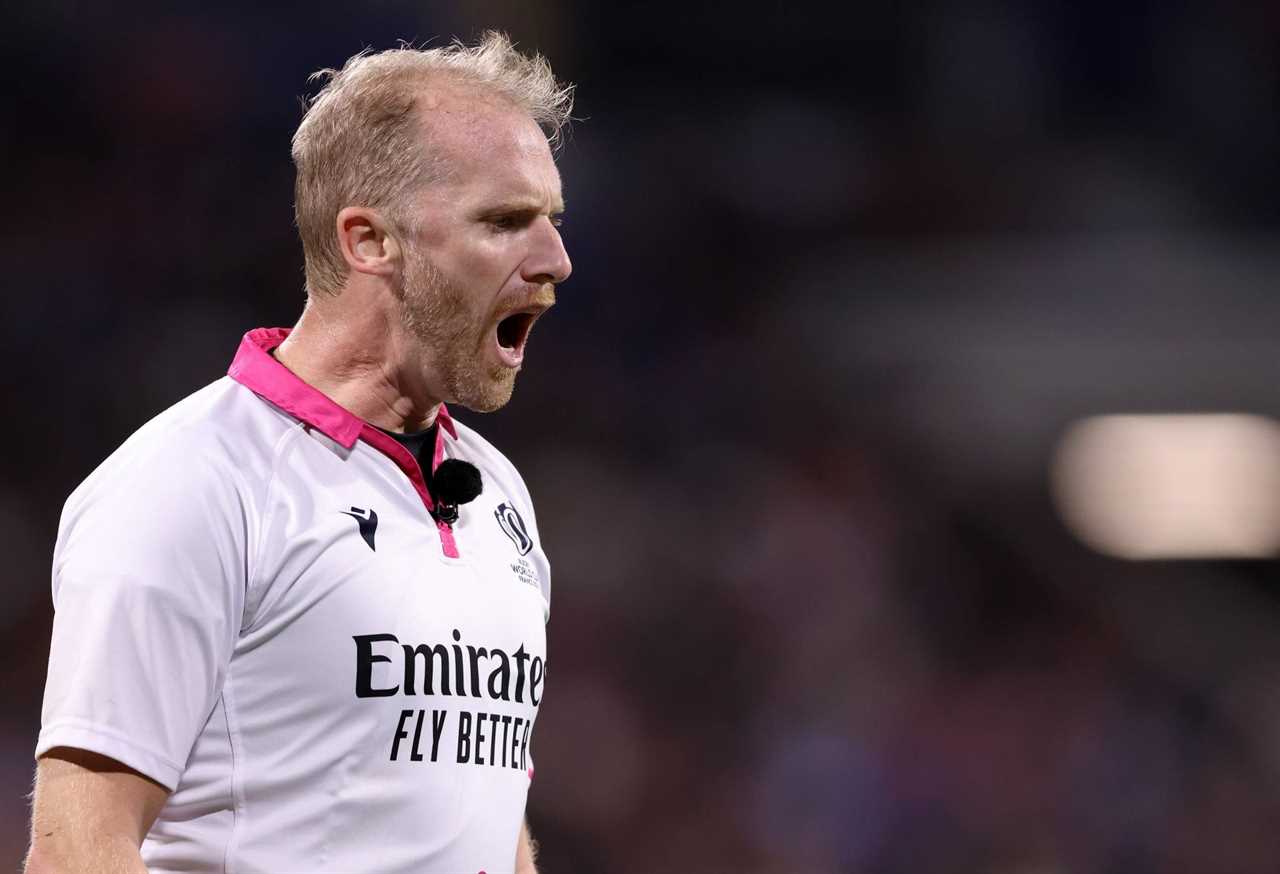 Referee Wayne Barnes looks on during the Rugby World Cup France 2023 match between New Zealand and Uruguay at Parc Olympique on October 05, 2023 in Lyon, France. (Photo by Paul Harding/Getty Images)