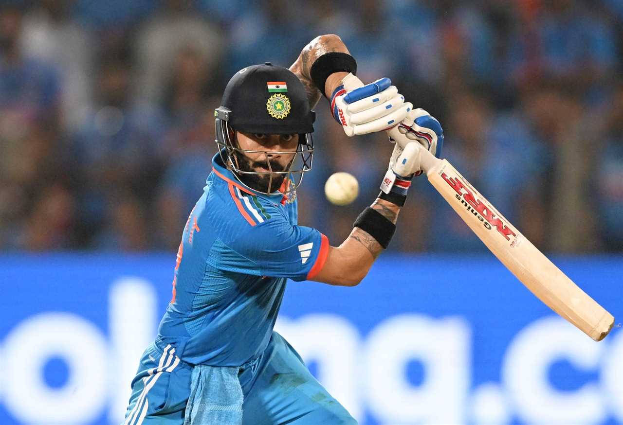 PUNE, INDIA - OCTOBER 19: Virat Kohli of India plays a shot during the ICC Men's Cricket World Cup India 2023 between India and Bangladesh at MCA International Stadium on October 19, 2023 in Pune, India. (Photo by Matt Roberts-ICC/ICC via Getty Images)