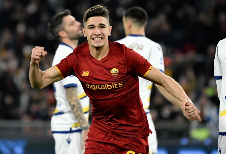 Cristian Volpato of AS Roma celebrates after scoring the goal of 1-2 for his side during the Serie A football match between AS Roma and Hellas Verona. AS Roma and Hellas Verona drew 2-2. (Photo by Antonietta Baldassarre/Insidefoto/LightRocket via Getty Images)