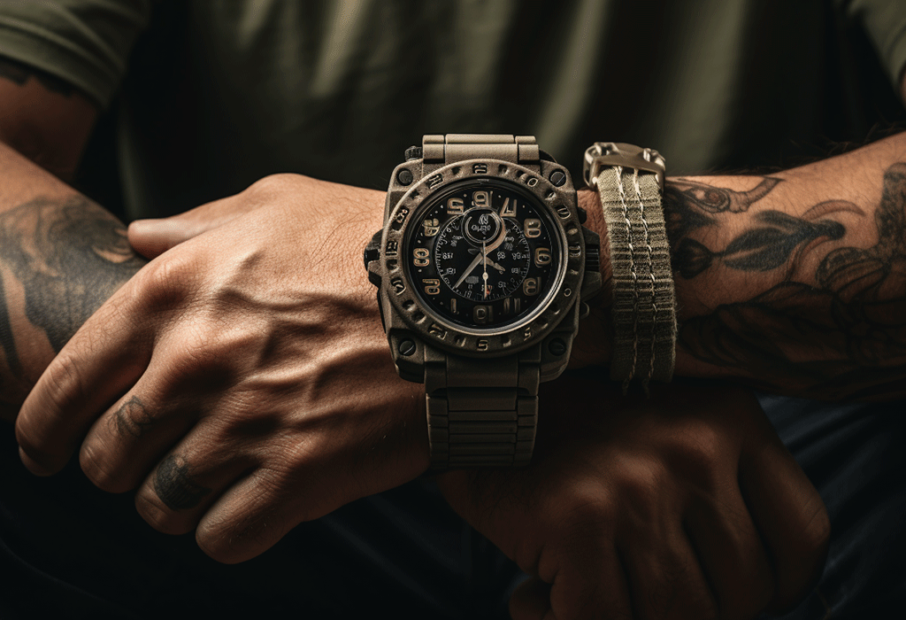 man wearing casual watch with bracelet on tattoed hand