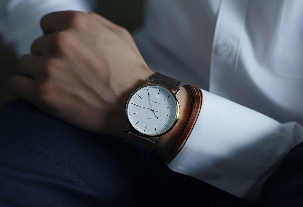 man wearing dress watch with tiny leather bracelet