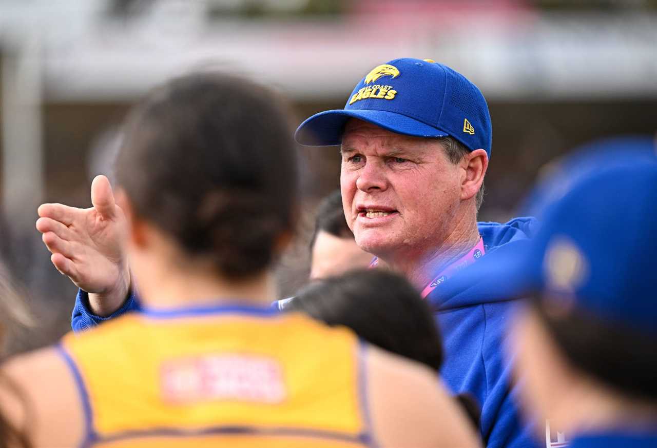 PERTH, AUSTRALIA - SEPTEMBER 03: Michael Prior, Senior Coach of the Eagles addresses the players at the break during the 2023 AFLW Round 01 match between the Fremantle Dockers and the West Coast Eagles at Fremantle Oval on September 03, 2023 in Perth, Australia. (Photo by Daniel Carson/AFL Photos via Getty Images)