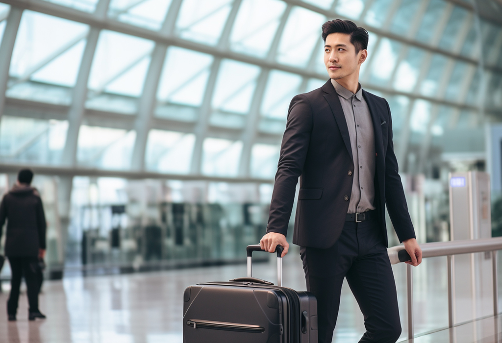 man with suitcase in airport