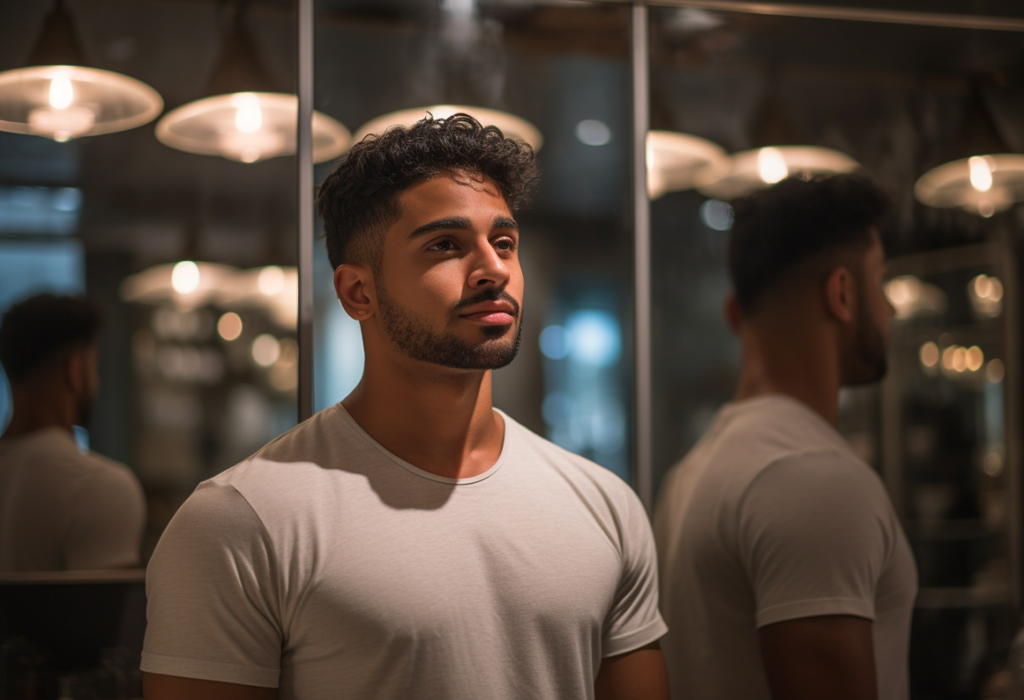 Man looking at beard growth