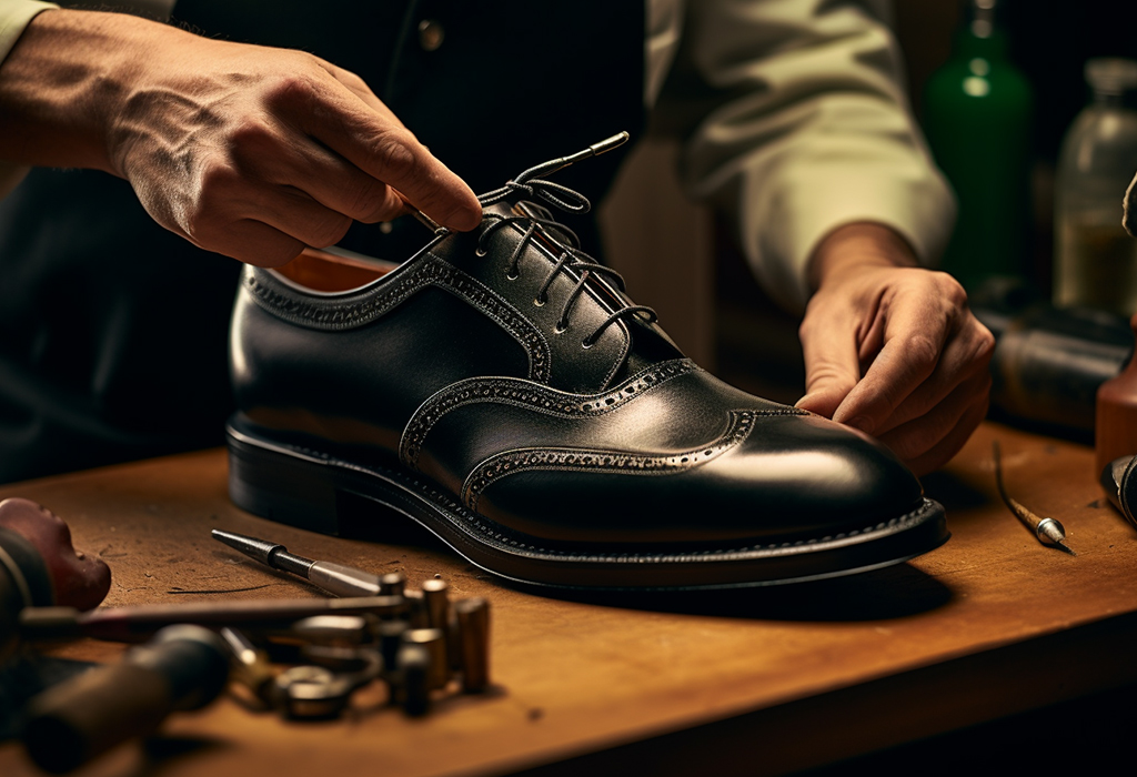 man hand crafting shoes