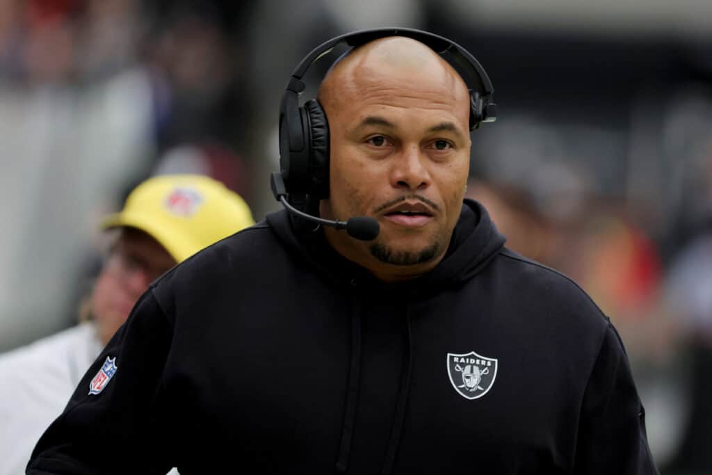Interim head coach Antonio Pierce of the Las Vegas Raiders looks on before a game against the New York Giants at Allegiant Stadium on November 05, 2023 in Las Vegas, Nevada.