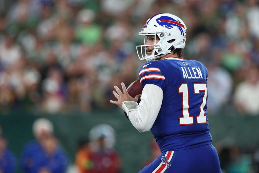 Quarterback Josh Allen #17 of the Buffalo Bills drops back to pass during the third quarter of the NFL game against the New York Jets at MetLife Stadium on September 11, 2023 in East Rutherford, New Jersey.