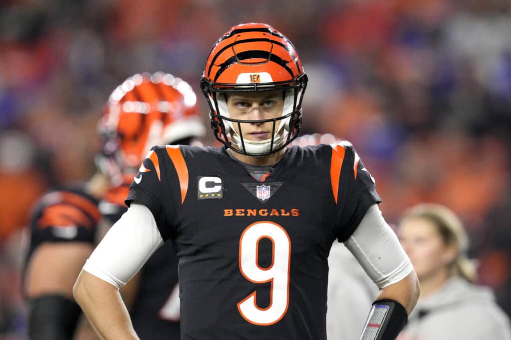 Joe Burrow #9 of the Cincinnati Bengals reacts during the second quarter against the Buffalo Bills at Paycor Stadium on November 05, 2023 in Cincinnati, Ohio.