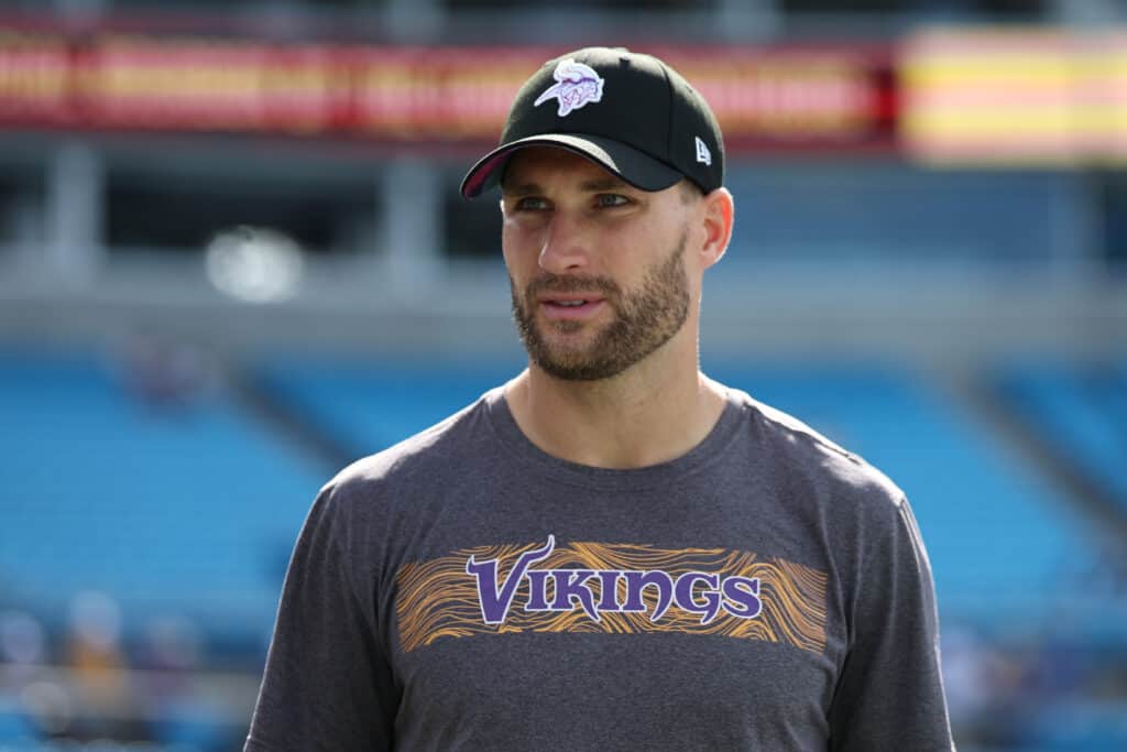 Kirk Cousins #8 of the Minnesota Vikings warms up before a game against the Carolina Panthers at Bank of America Stadium on October 01, 2023 in Charlotte, North Carolina.