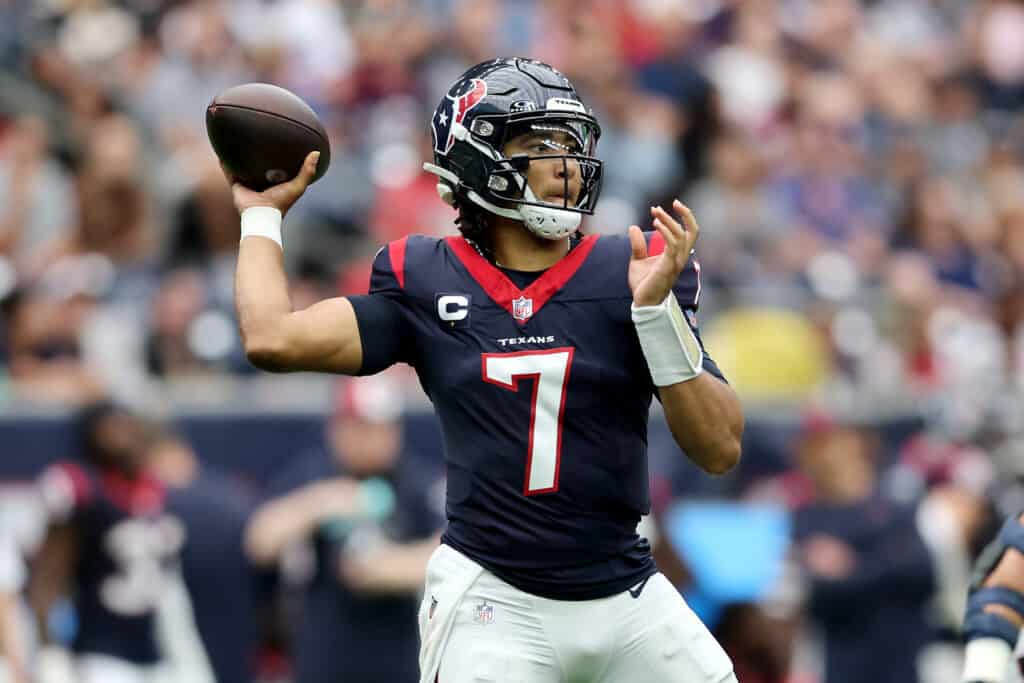 C.J. Stroud #7 of the Houston Texans throws a pass in the first half of a game against the Tampa Bay Buccaneers at NRG Stadium on November 05, 2023 in Houston, Texas.