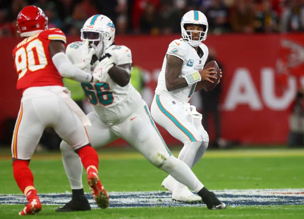 Tua Tagovailoa #1 of the Miami Dolphins looks to pass in the first quarter during the NFL match between Miami Dolphins and Kansas City Chiefs at Deutsche Bank Park on November 05, 2023 in Frankfurt am Main, Germany.