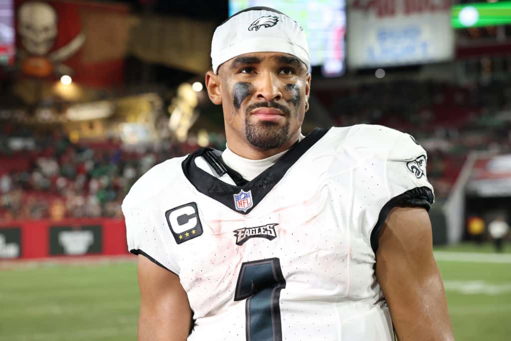 Jalen Hurts #1 of the Philadelphia Eagles reacts after a 25-11 victory against the Tampa Bay Buccaneers at Raymond James Stadium on September 25, 2023 in Tampa, Florida.