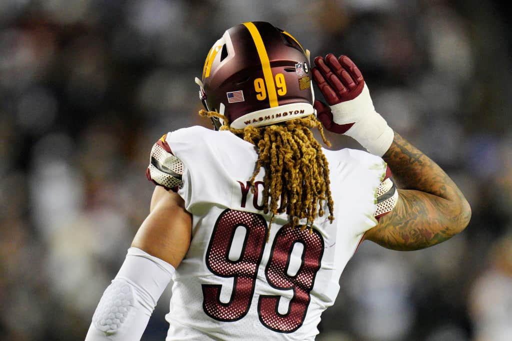 Chase Young #99 of the Washington Commanders looks on during the first half of the game against the Dallas Cowboys at FedExField on January 08, 2023 in Landover, Maryland.
