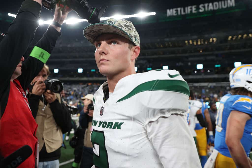Zach Wilson #2 of the New York Jets reacts after being defeated by the Los Angeles Chargers 27-6 at MetLife Stadium on November 06, 2023 in East Rutherford, New Jersey.